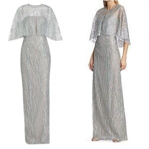 NWT MARCHESA NOTTE Silver Beaded Strapless Evening Gown Column Dress w/ Cape 6